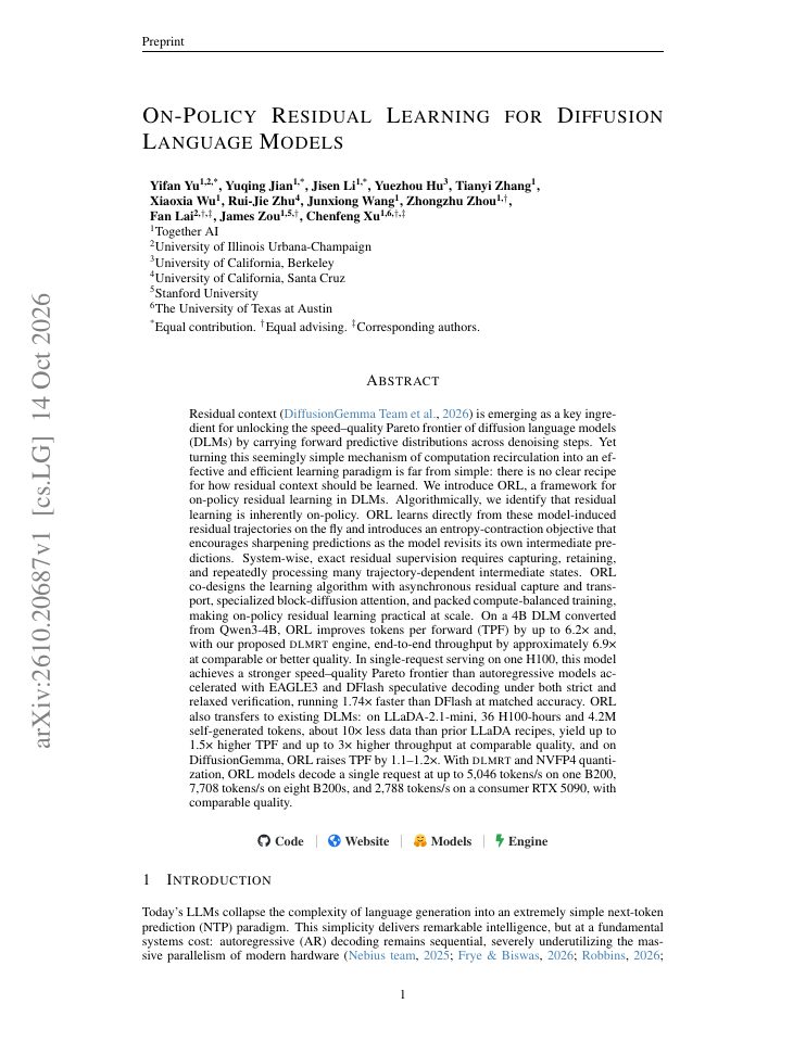 First page of On-Policy Residual Learning for Diffusion Language Models