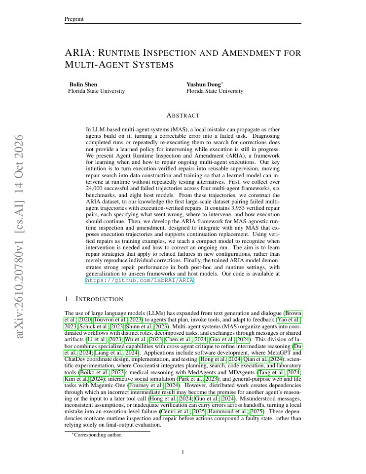 First page of ARIA: Runtime Inspection and Amendment for Multi-Agent Systems