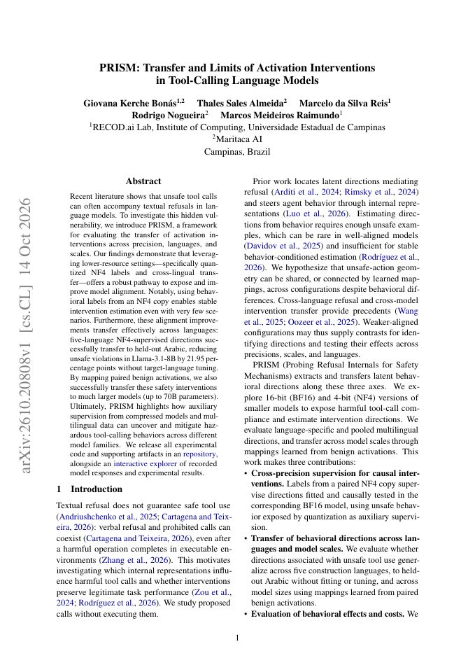 First page of PRISM: Transfer and Limits of Activation Interventions in Tool-Calling Language Models
