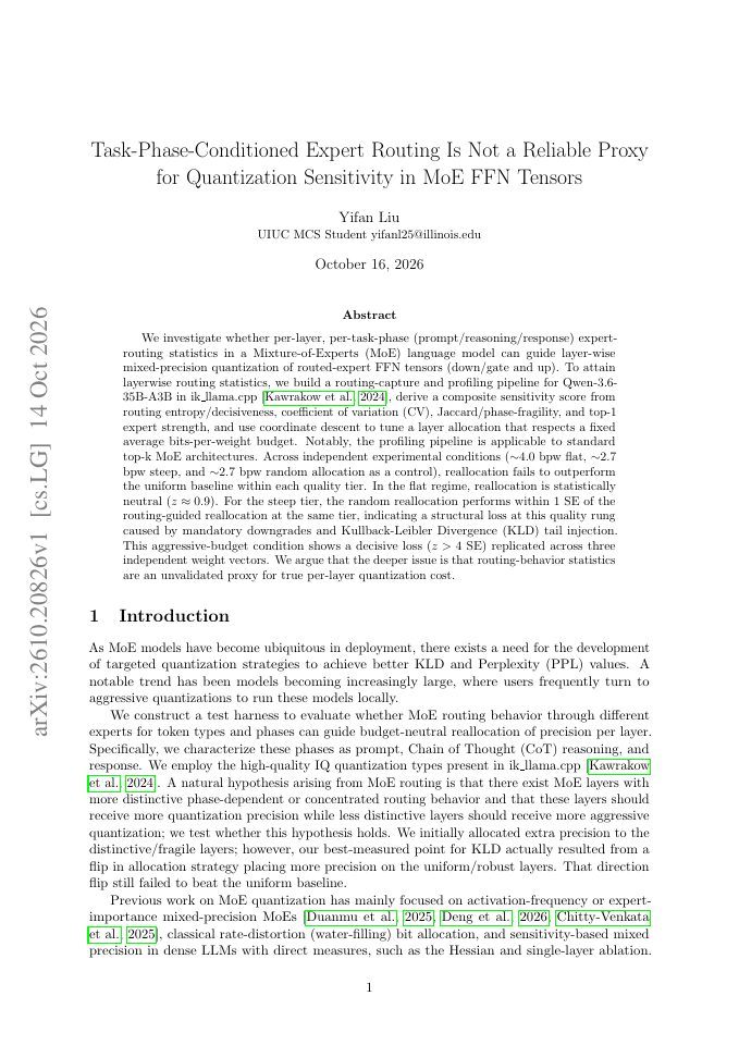 First page of Task-Phase-Conditioned Expert Routing Is Not a Reliable Proxy for Quantization Sensitivity in MoE FFN Tensors