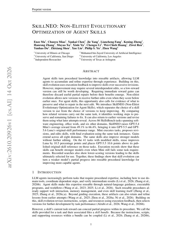 First page of SkillNEO: Non-Elitist Evolutionary Optimization of Agent Skills