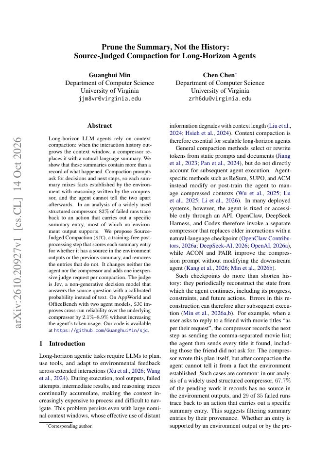 First page of Prune the Summary, Not the History: Source-Judged Compaction for Long-Horizon Agents