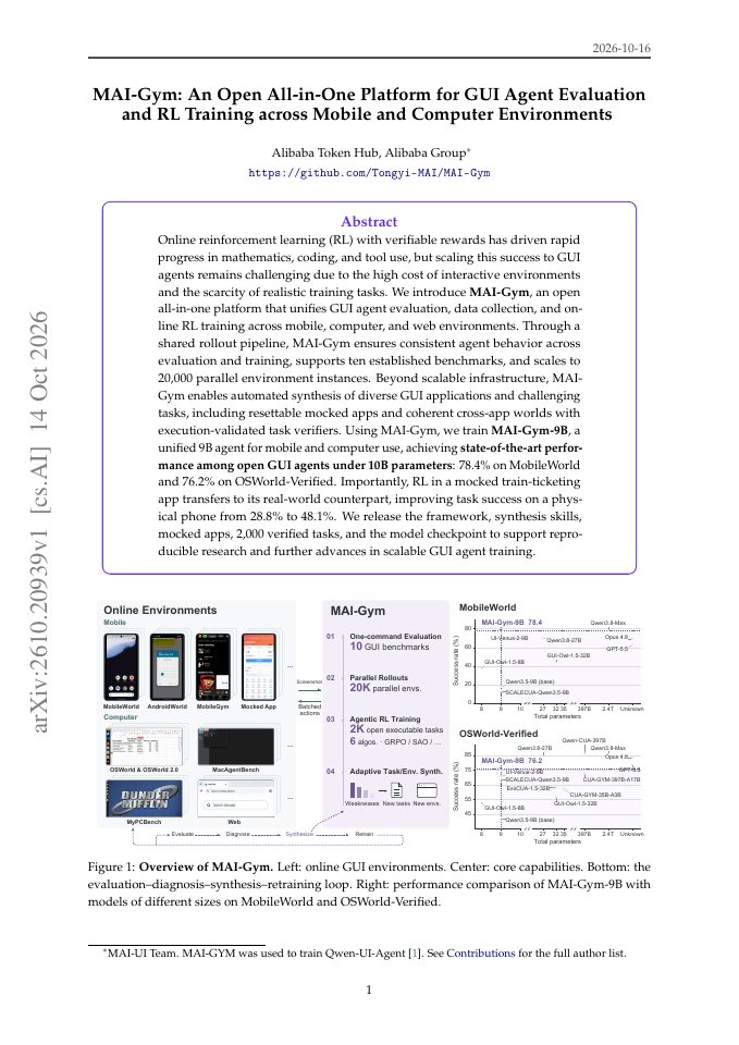 First page of MAI-Gym: An Open All-in-One Platform for GUI Agent Evaluation and RL Training across Mobile and Computer Environments