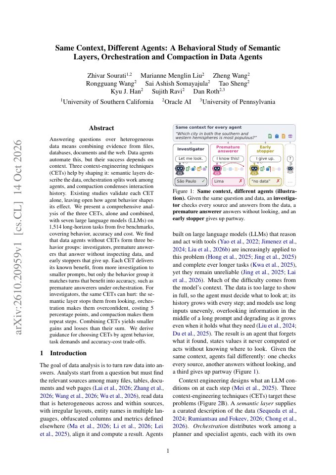 First page of Same Context, Different Agents: A Behavioral Study of Semantic Layers, Orchestration and Compaction in Data Agents