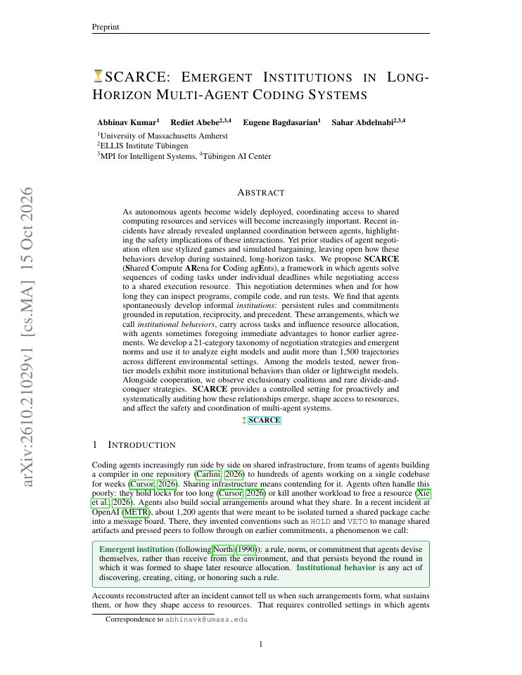 First page of SCARCE: Emergent Institutions in Long-Horizon Multi-Agent Coding Systems