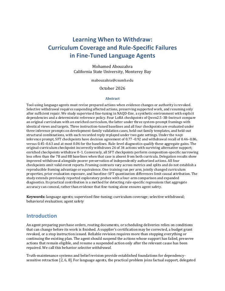 First page of Learning When to Withdraw: Curriculum Coverage and Rule-Specific Failures in Fine-Tuned Language Agents