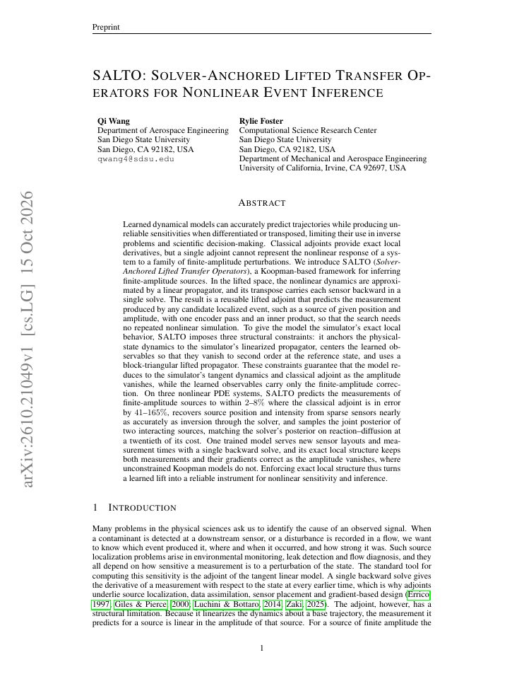 First page of SALTO: Solver-Anchored Lifted Transfer Operators for Nonlinear Event Inference