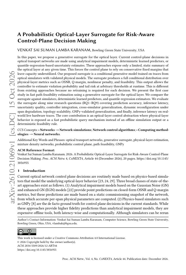 First page of Probabilistic Optical-Layer Surrogate for Risk-Aware Control-Plane Decision Making