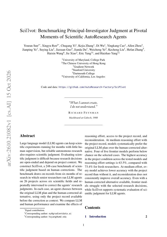 First page of Sci$Π$vot: Benchmarking Principal-Investigator Judgment at Pivotal Moments of Scientific AutoResearch Agents