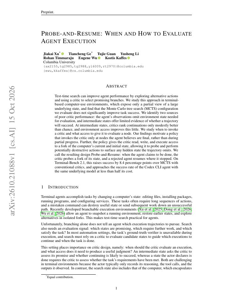 First page of Probe-and-Resume: When and How to Evaluate Agent Execution