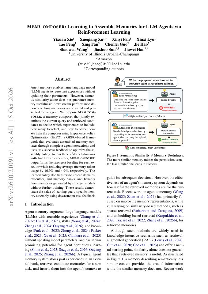 First page of MemComposer: Learning to Assemble Memories for LLM Agents via Reinforcement Learning