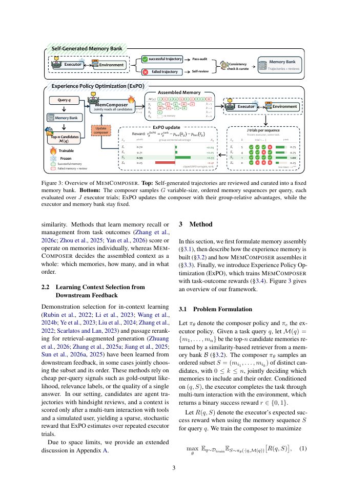 Page 3 of MemComposer: Learning to Assemble Memories for LLM Agents via Reinforcement Learning