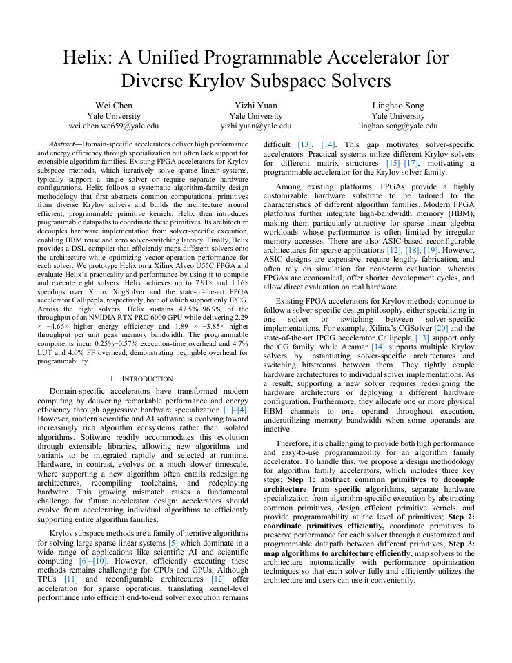 First page of Helix: A Unified Programmable Accelerator for Diverse Krylov Subspace Solvers