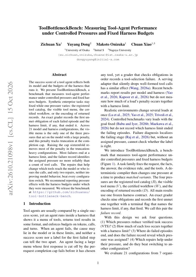 First page of ToolBottleneckBench: Measuring Tool-Agent Performance under Controlled Pressures and Fixed Harness Budgets