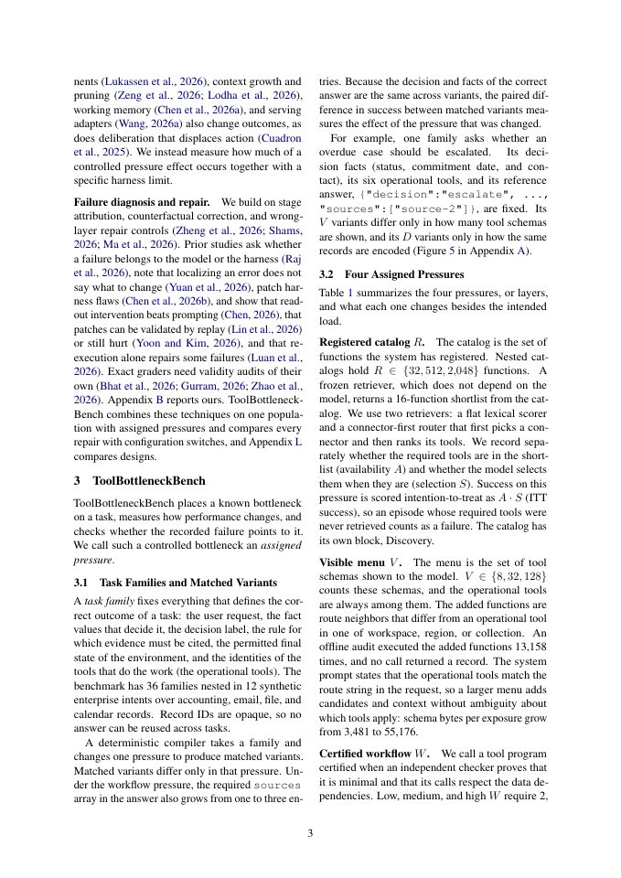 Page 3 of ToolBottleneckBench: Measuring Tool-Agent Performance under Controlled Pressures and Fixed Harness Budgets