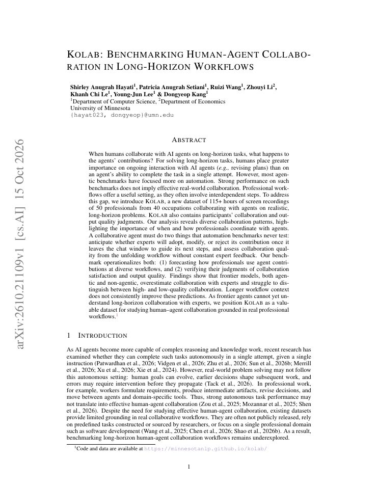 First page of Kolab: Benchmarking Human-Agent Collaboration in Long-Horizon Workflows