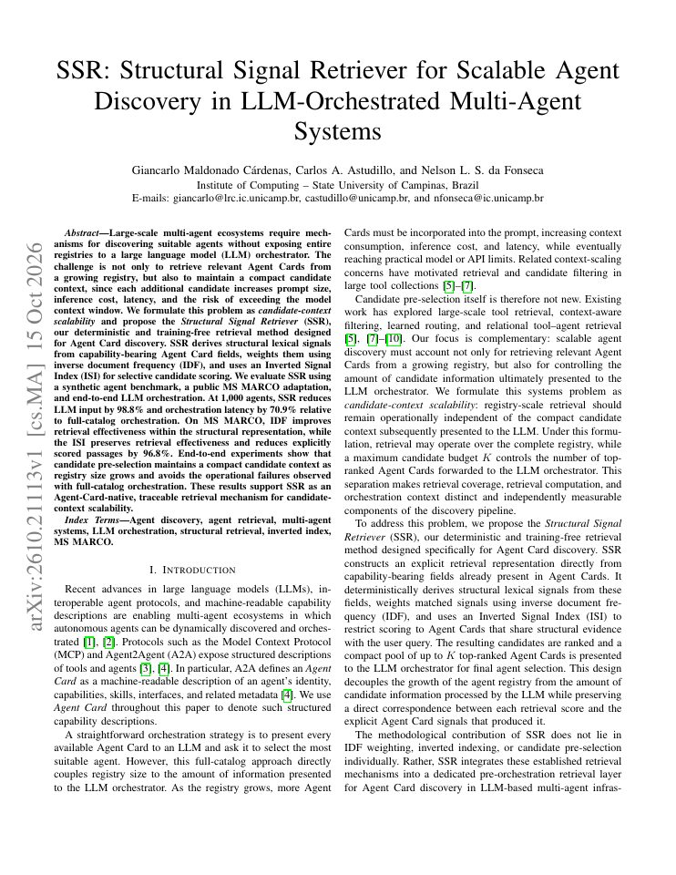 First page of SSR: Structural Signal Retriever for Scalable Agent Discovery in LLM-Orchestrated Multi-Agent Systems