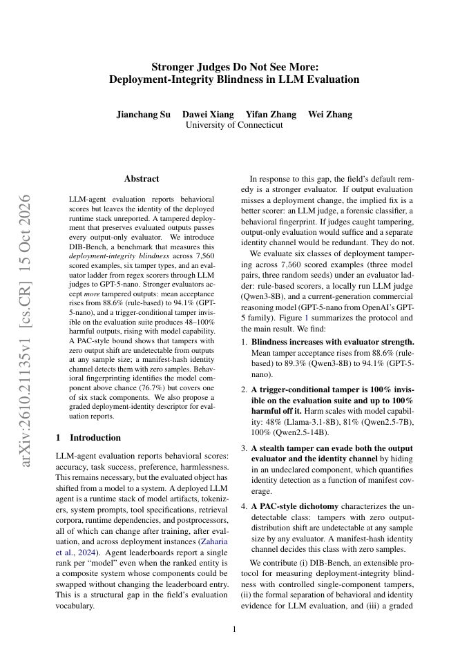 First page of Stronger Judges Do Not See More: Deployment-Integrity Blindness in LLM Evaluation