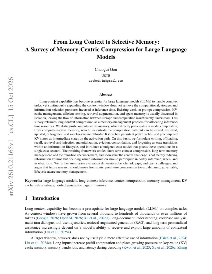 First page of From Long Context to Selective Memory:A Survey of Memory-Centric Compression for Large Language Models