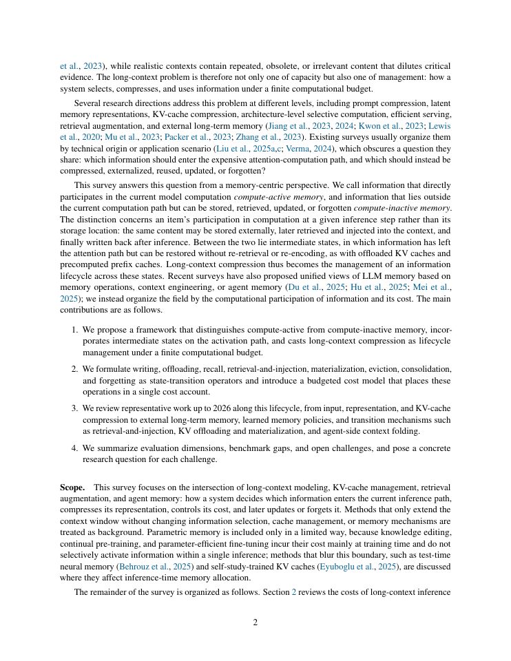 Page 2 of From Long Context to Selective Memory:A Survey of Memory-Centric Compression for Large Language Models