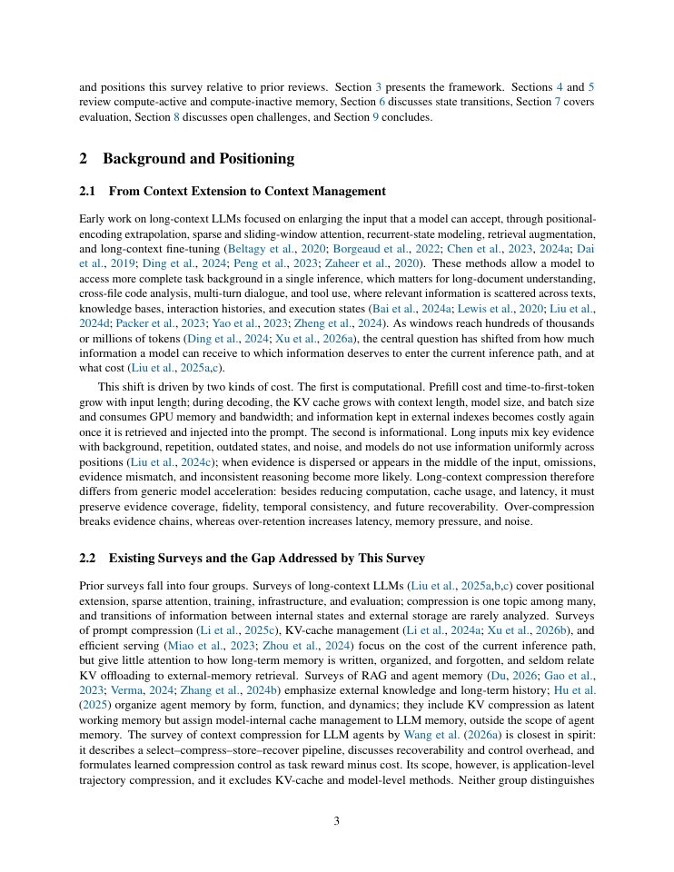 Page 3 of From Long Context to Selective Memory:A Survey of Memory-Centric Compression for Large Language Models