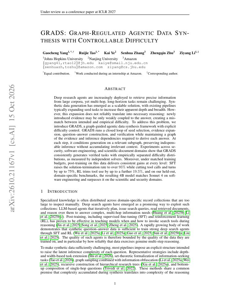 First page of GRADS: Graph-Regulated Agentic Data Synthesis with Controllable Difficulty