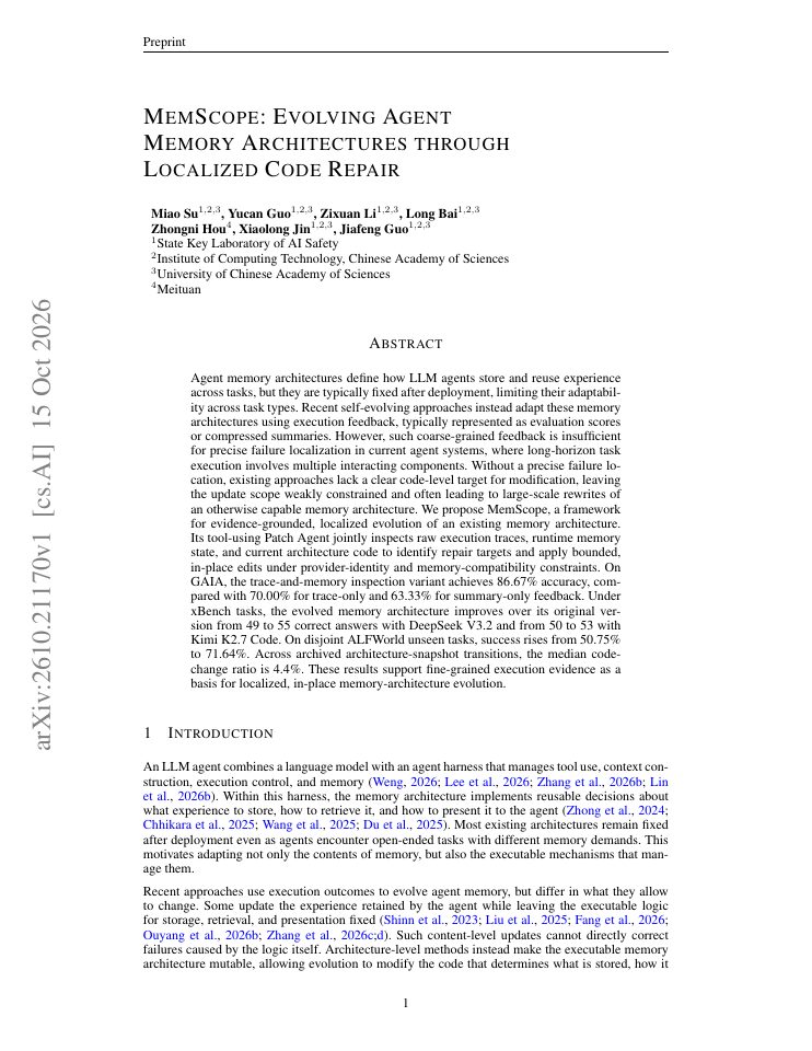 First page of MemScope: Evolving Agent Memory Architectures through Localized Code Repair