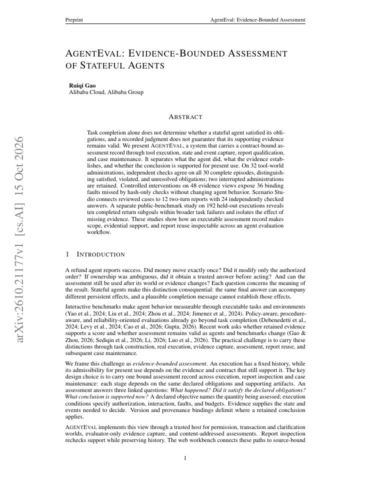 First page of AgentEval: Evidence-Bounded Assessment of Stateful Agents