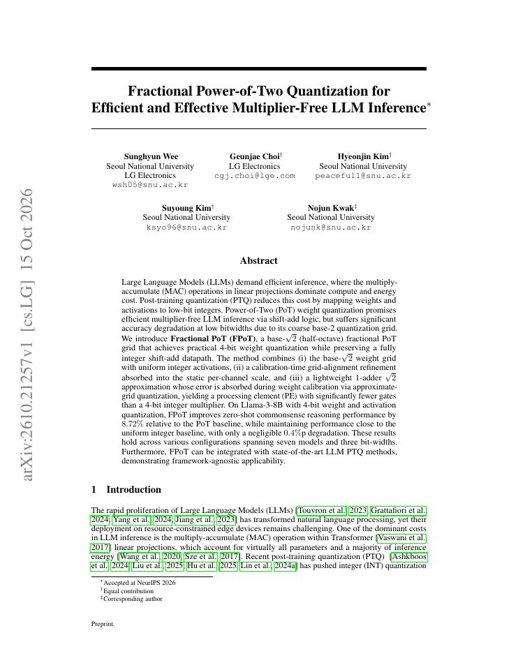 First page of Fractional Power-of-Two Quantization for Efficient and Effective Multiplier-Free LLM Inference
