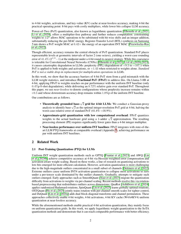 Page 2 of Fractional Power-of-Two Quantization for Efficient and Effective Multiplier-Free LLM Inference