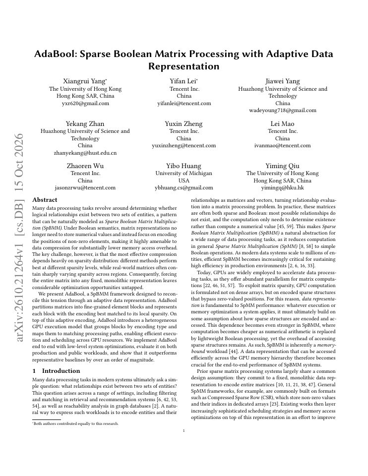 First page of AdaBool: Sparse Boolean Matrix Processing with Adaptive Data Representation