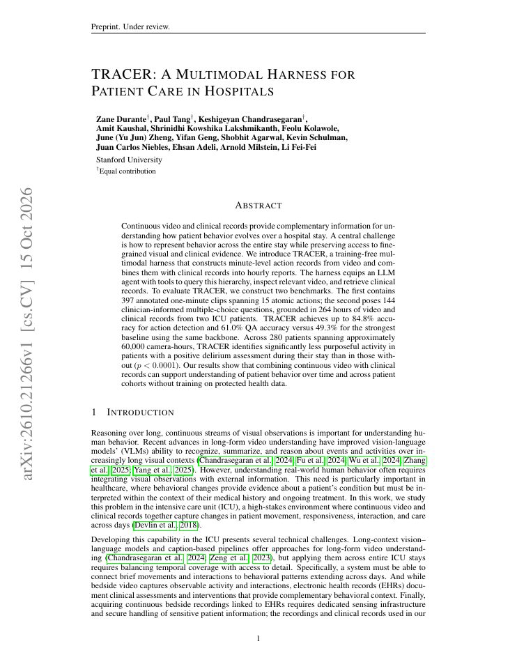 First page of TRACER: A Multimodal Harness for Patient Care in Hospitals