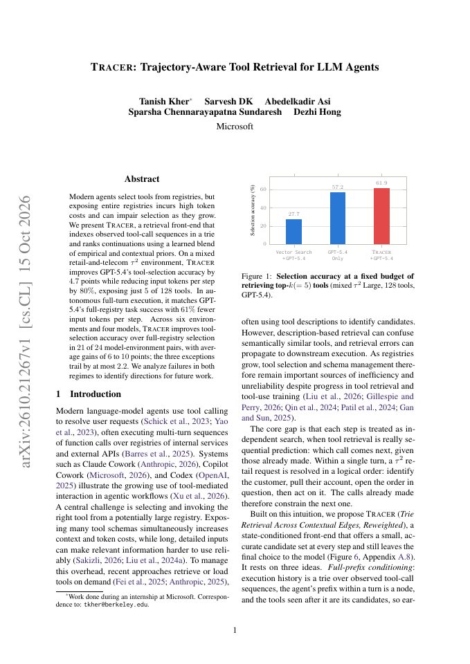 First page of TRACER: Trajectory-Aware Tool Retrieval for LLM Agents