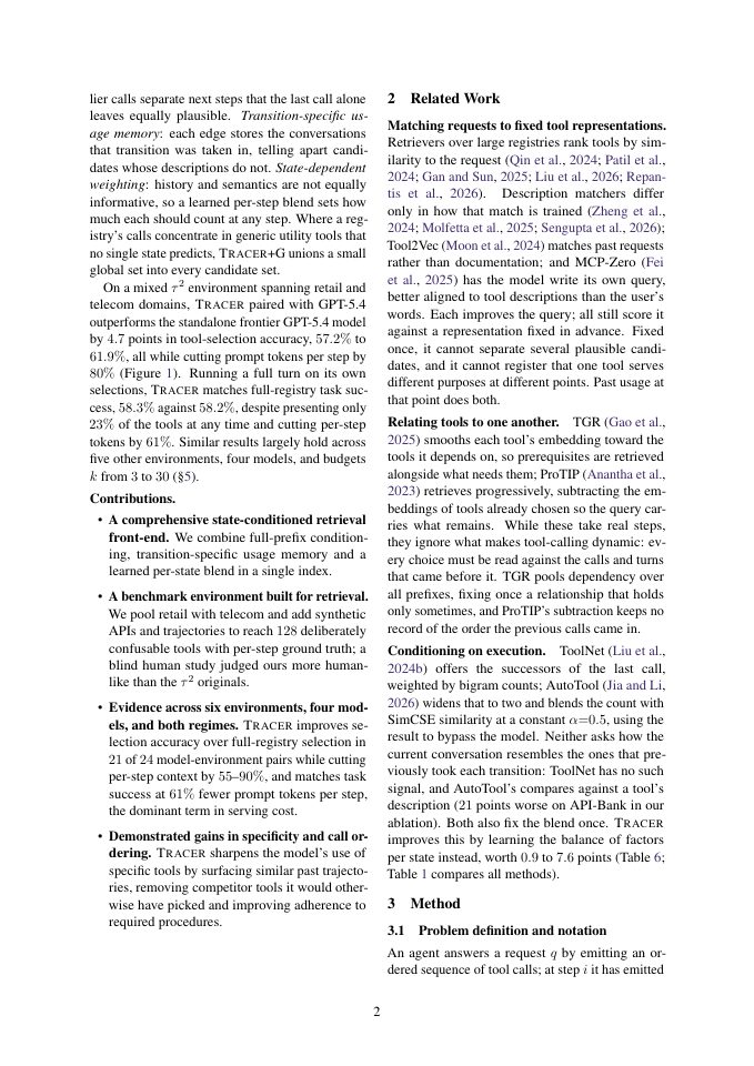 Page 2 of TRACER: Trajectory-Aware Tool Retrieval for LLM Agents