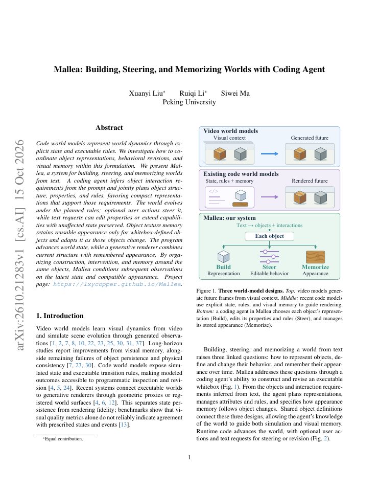 First page of Mallea: Building, Steering, and Memorizing Worlds with Coding Agent