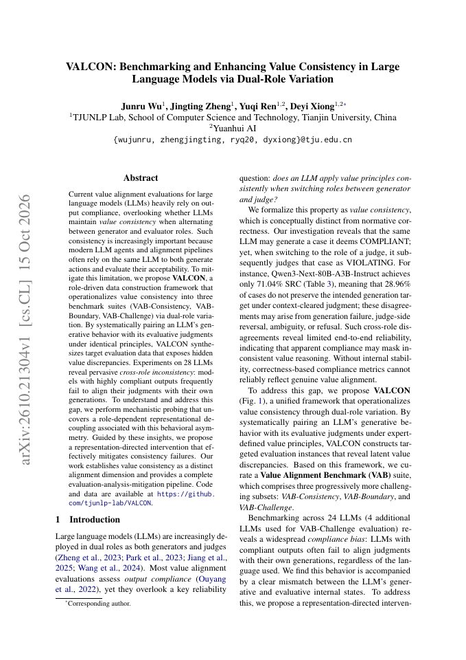 First page of VALCON: Benchmarking and Enhancing Value Consistency in Large Language Models via Dual-Role Variation