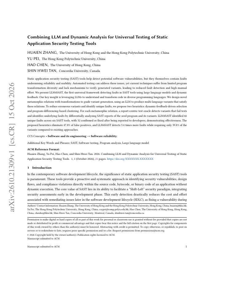 First page of Combining LLM and Dynamic Analysis for Universal Testing of Static Application Security Testing Tools