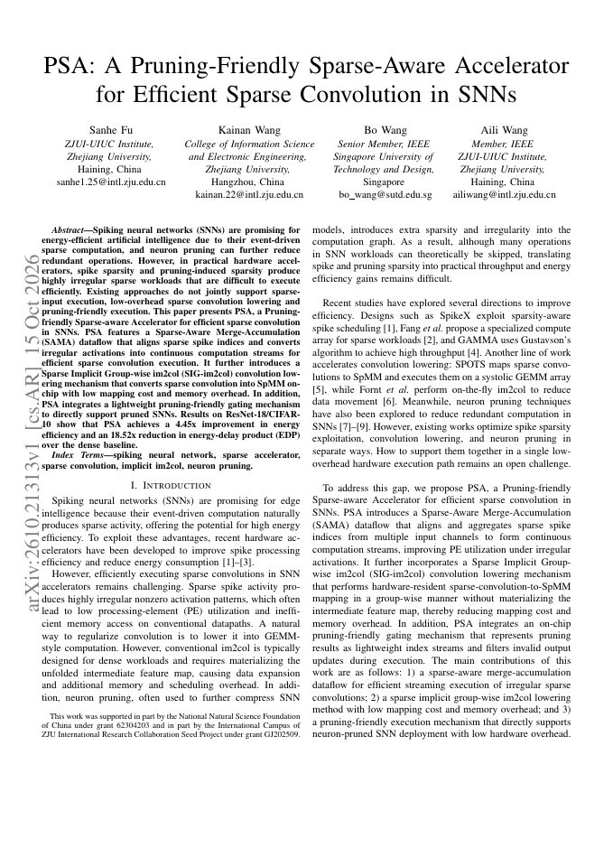 First page of PSA: A Pruning-Friendly Sparse-Aware Accelerator for Efficient Sparse Convolution in SNNs
