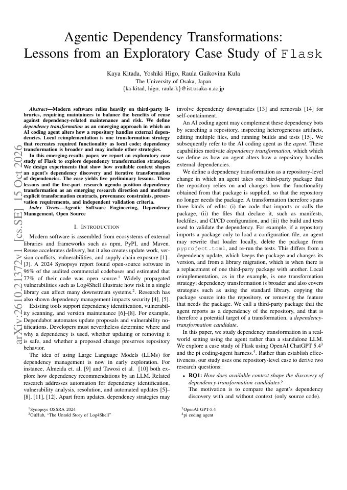 First page of Agentic Dependency Transformations: Lessons from an Exploratory Case Study of Flask
