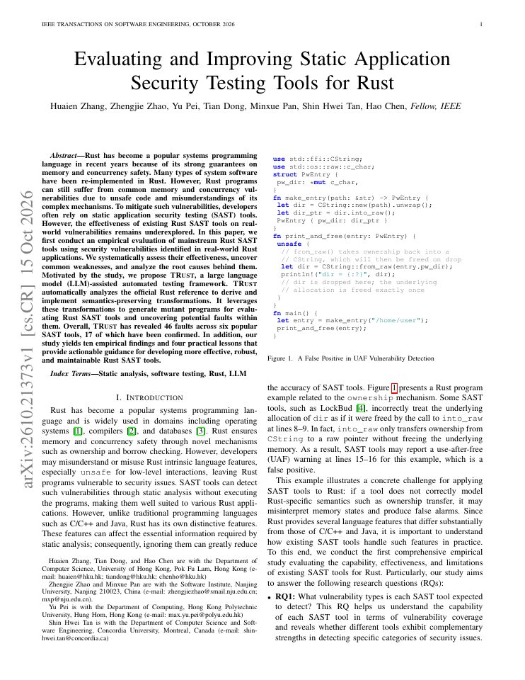 First page of Evaluating and Improving Static Application Security Testing Tools for Rust
