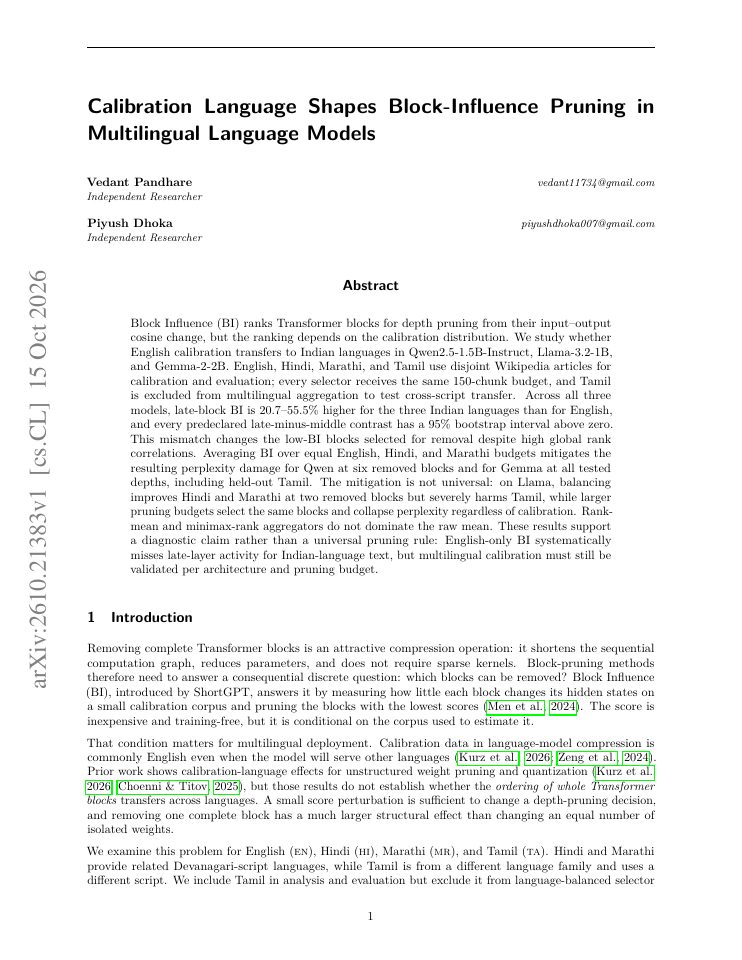 First page of Calibration Language Shapes Block-Influence Pruning in Multilingual Language Models