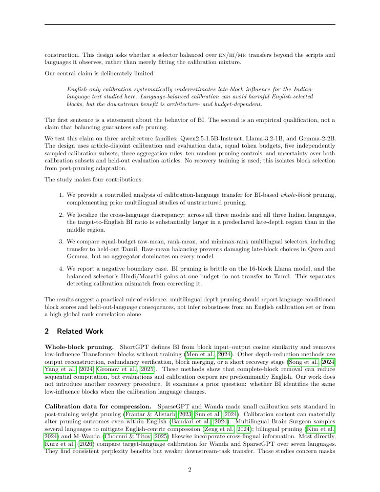 Page 2 of Calibration Language Shapes Block-Influence Pruning in Multilingual Language Models