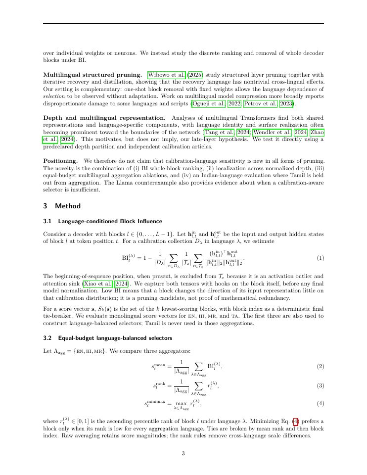 Page 3 of Calibration Language Shapes Block-Influence Pruning in Multilingual Language Models