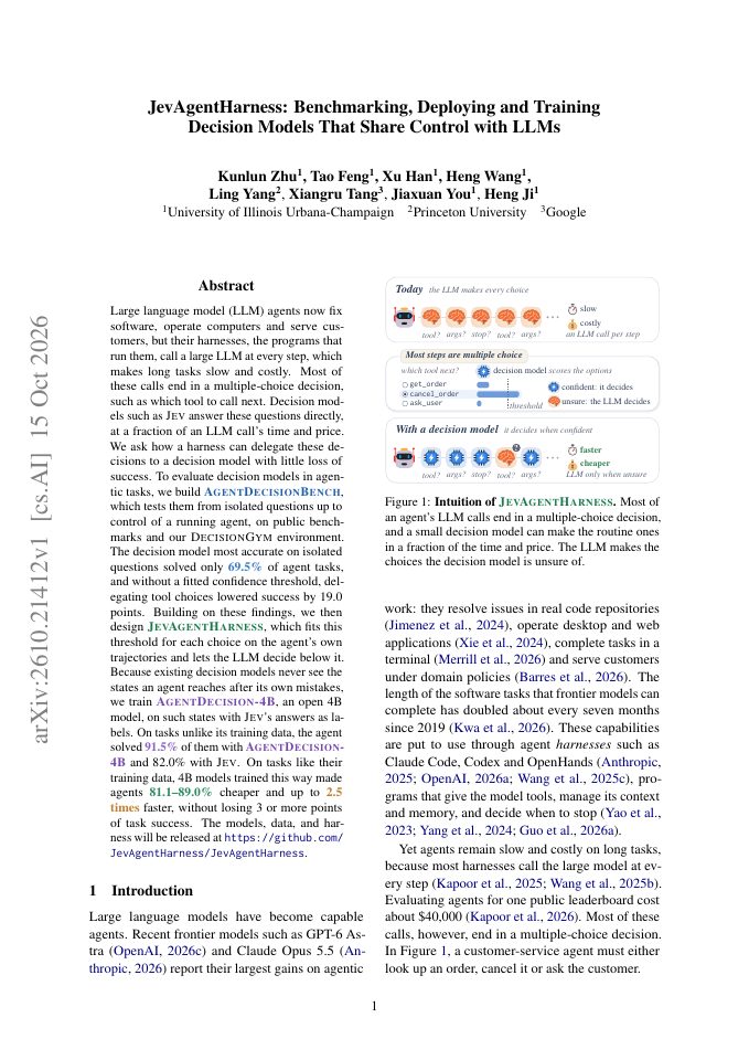 First page of JevAgentHarness: Benchmarking, Deploying and Training Decision Models That Share Control with LLMs