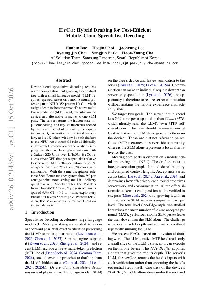First page of HyCo: Hybrid Drafting for Cost-Efficient Mobile-Cloud Speculative Decoding