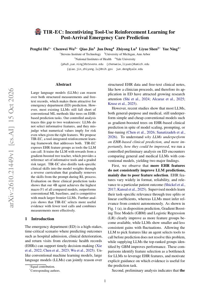 First page of Incentivizing Tool-Use Reinforcement Learning for Post-Arrival Emergency Care Prediction