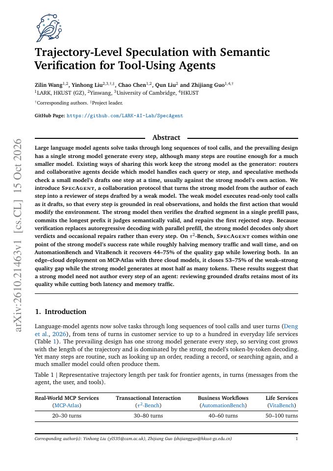 First page of Trajectory-Level Speculation with Semantic Verification for Tool-Using Agents