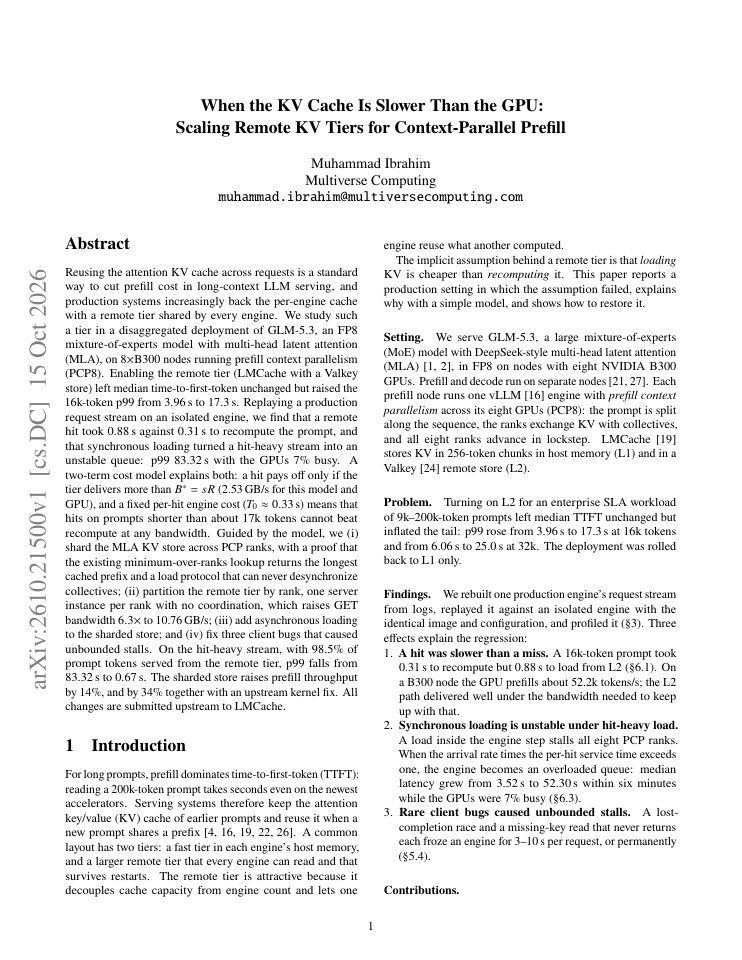 First page of When the KV Cache Is Slower Than the GPU: Scaling Remote KV Tiers for Context-Parallel Prefill