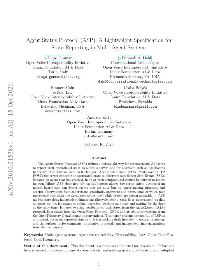 First page of Agent Status Protocol (ASP): A Lightweight Specification for State Reporting in Multi-Agent Systems