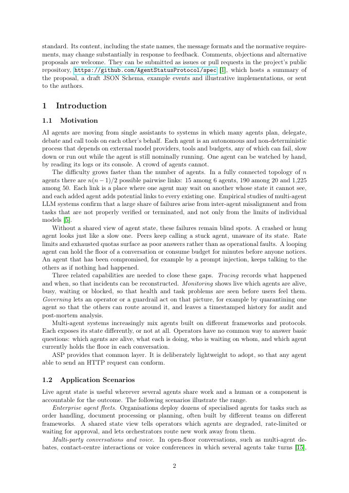 Page 2 of Agent Status Protocol (ASP): A Lightweight Specification for State Reporting in Multi-Agent Systems